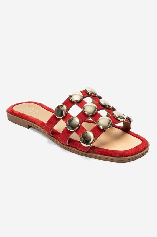 BAREON - Red Genuine Leather Slide With Gold Buckle (Women)