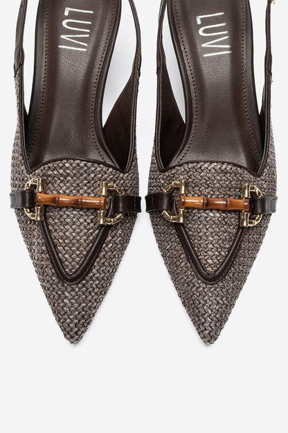 OSCA - Brown Buckled Pointed Toe Slingback Stiletto Pump (Women)