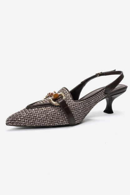OSCA - Brown Buckled Pointed Toe Slingback Stiletto Pump (Women)