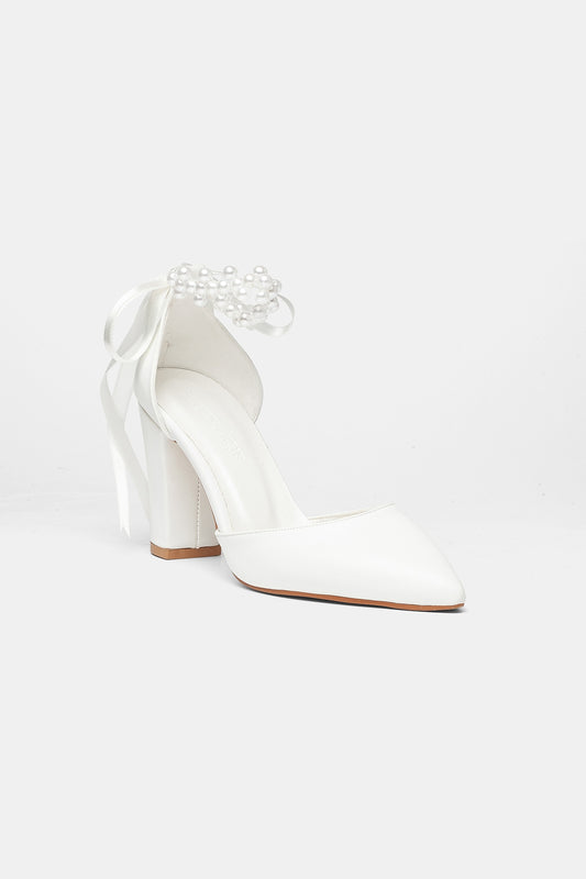 Zia Pearl Ribbon Block Heel Bridal Pumps