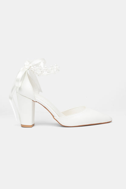 Zia Pearl Ribbon Block Heel Bridal Pumps