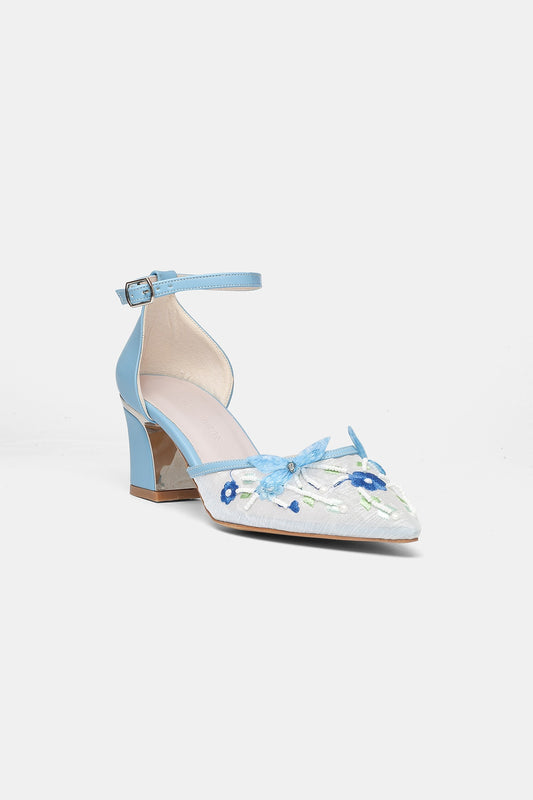 Iry Blue Butterfly Embroidered Mesh Bridal Pumps