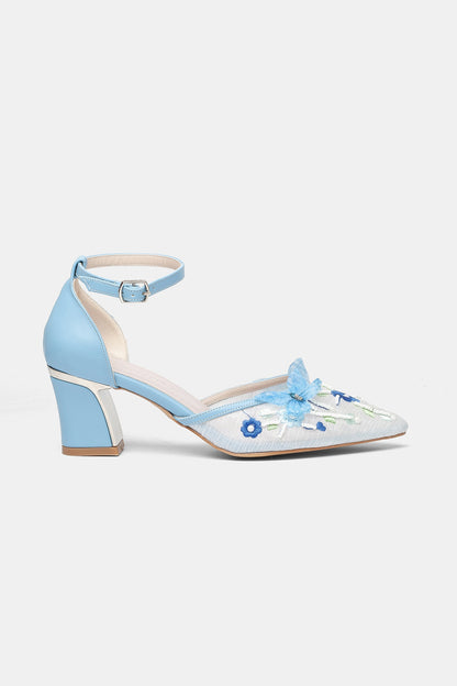 Iry Blue Butterfly Embroidered Mesh Bridal Pumps