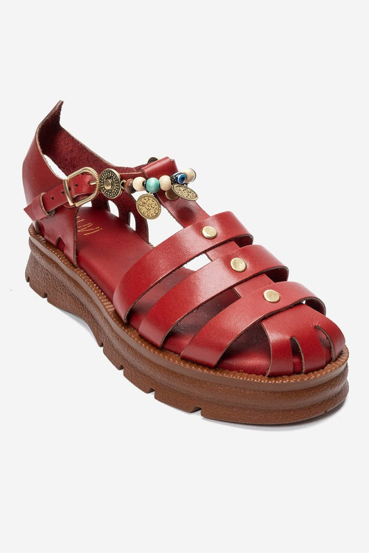 SOLIS - Red Genuine Leather Beaded Sandal (Women)