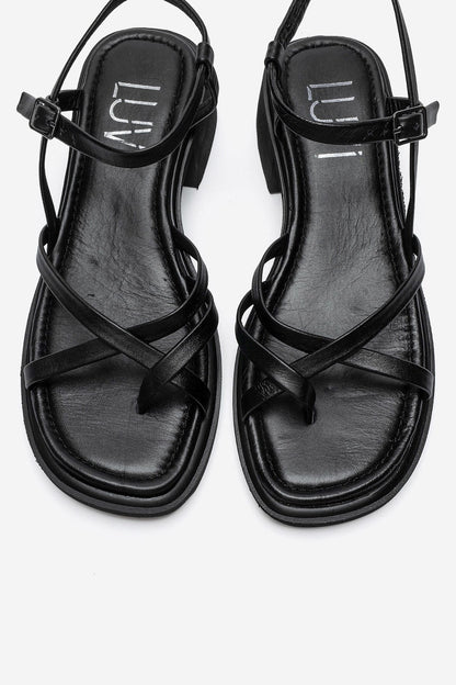 Cirelle - Black Genuine Leather Toe-Post Block Heel Sandal (Women)