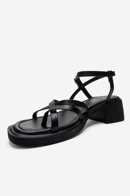 Cirelle - Black Genuine Leather Toe-Post Block Heel Sandal (Women)