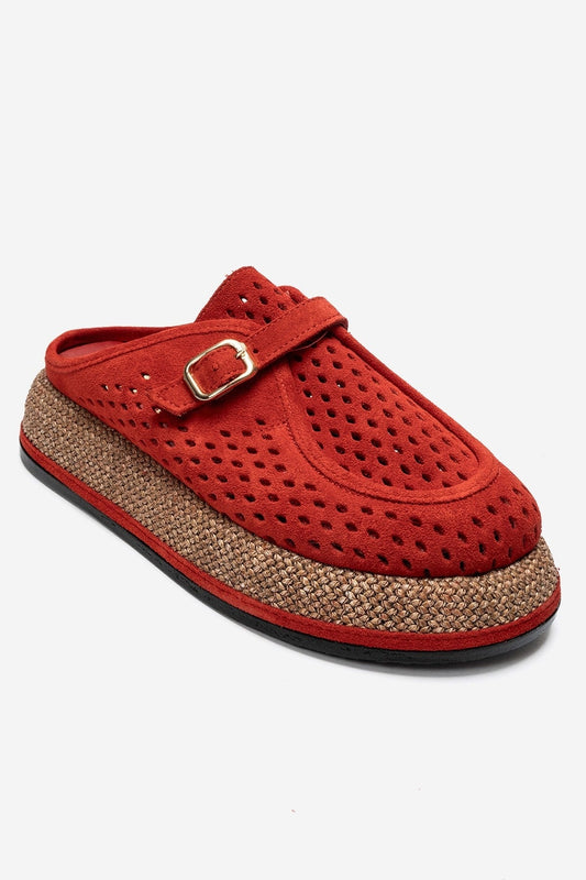VONE - Red Genuine Leather Buckled Closed-Toe Mule (Women)