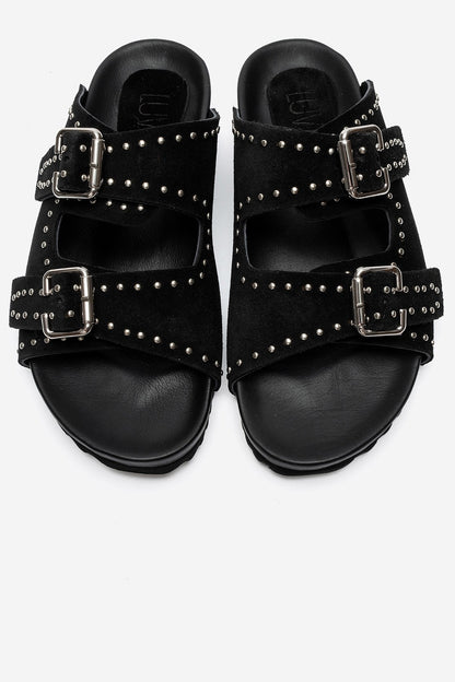 AVENELLE - Black Suede Genuine Leather Double-Band Studded Slide (Women)