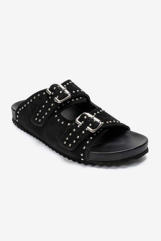 AVENELLE - Black Suede Genuine Leather Double-Band Studded Slide (Women)