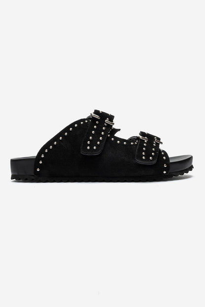 AVENELLE - Black Suede Genuine Leather Double-Band Studded Slide (Women)