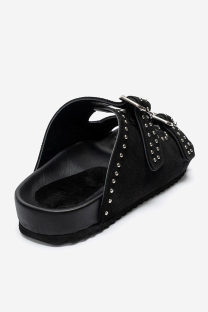 AVENELLE - Black Suede Genuine Leather Double-Band Studded Slide (Women)