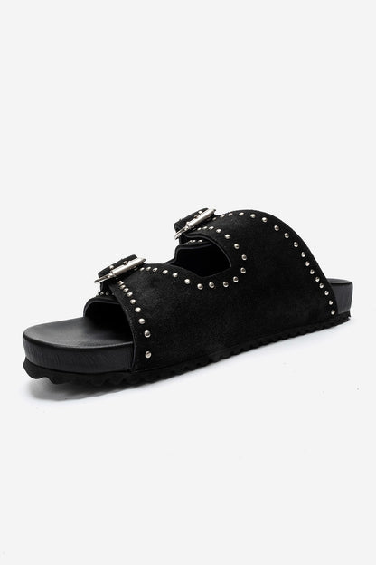 AVENELLE - Black Suede Genuine Leather Double-Band Studded Slide (Women)