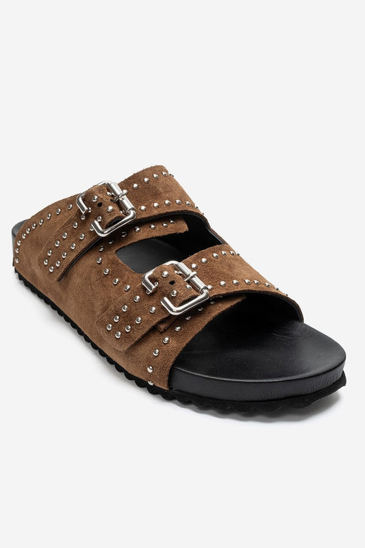 AVENELLE - Taupe Suede Genuine Leather Double-Band Studded Slide (Women)