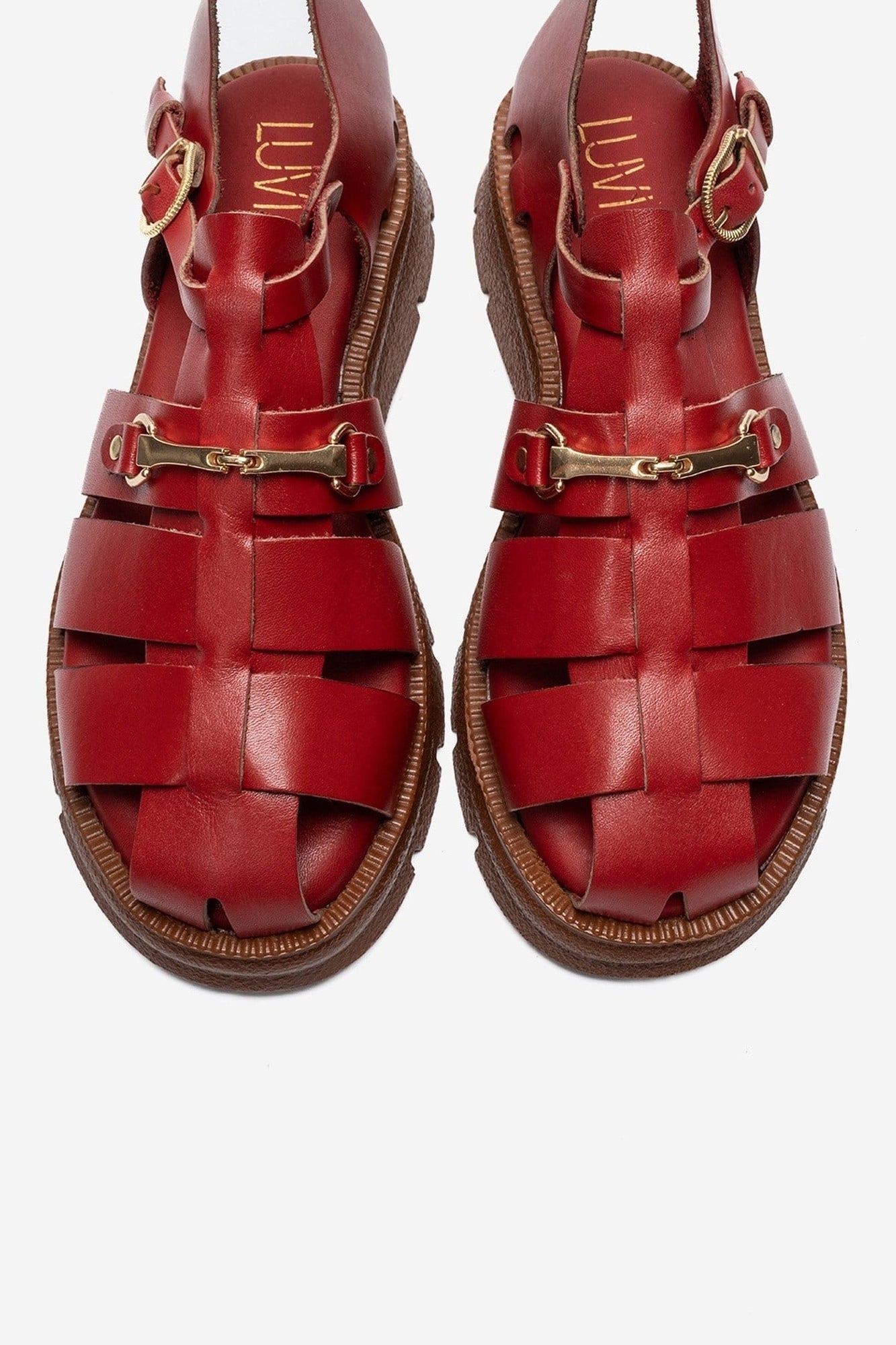 RIELA - Red Genuine Leather Multi-Strap Closed-Back Buckle Sandal (Women)
