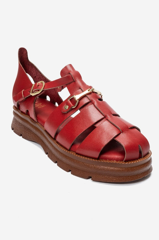 RIELA - Red Genuine Leather Multi-Strap Closed-Back Buckle Sandal (Women)