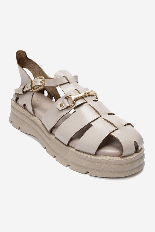 RIELA - Beige Genuine Leather Multi-Strap Closed-Back Buckle Sandal (Women)