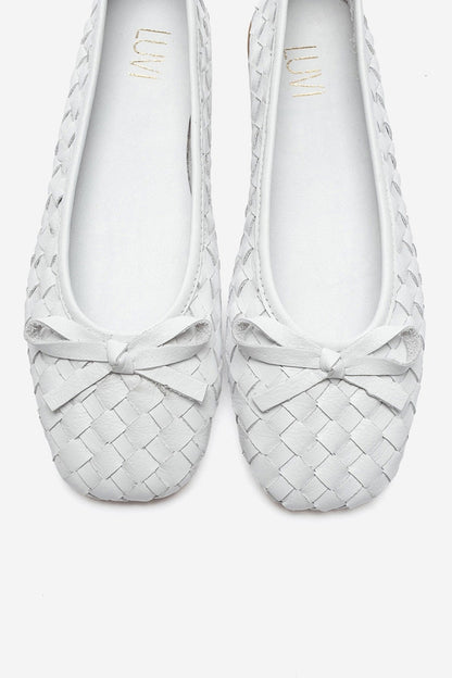 Garen - White Genuine Leather Woven Bow Ballerina Flat (Women)