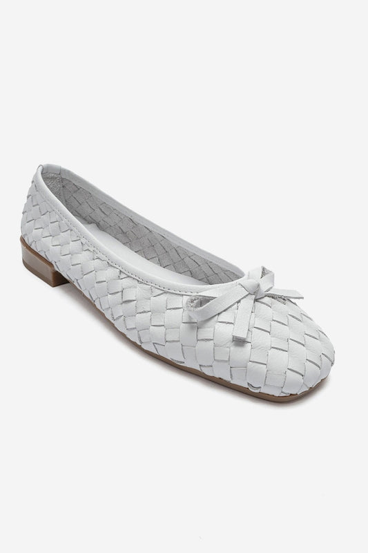 Garen - White Genuine Leather Woven Bow Ballerina Flat (Women)