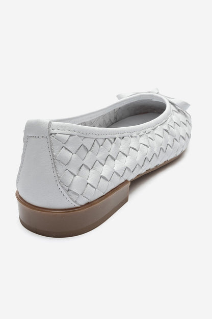 Garen - White Genuine Leather Woven Bow Ballerina Flat (Women)