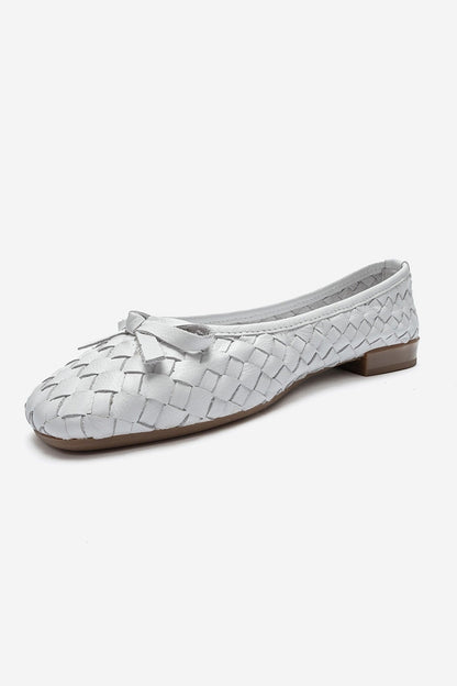 Garen - White Genuine Leather Woven Bow Ballerina Flat (Women)