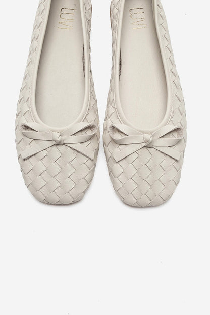 Garen - Off-White Genuine Leather Woven Bow Ballerina Flat (Women)