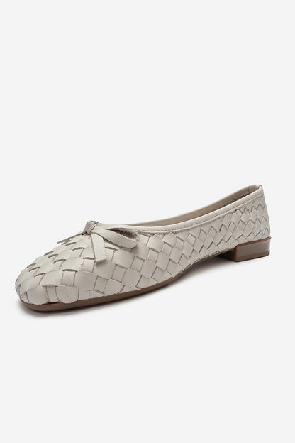 Garen - Off-White Genuine Leather Woven Bow Ballerina Flat (Women)