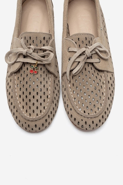 Stevo - Beige Genuine Suede Leather Lace-Up Loafer (Women)