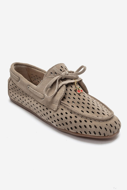Stevo - Beige Genuine Suede Leather Lace-Up Loafer (Women)