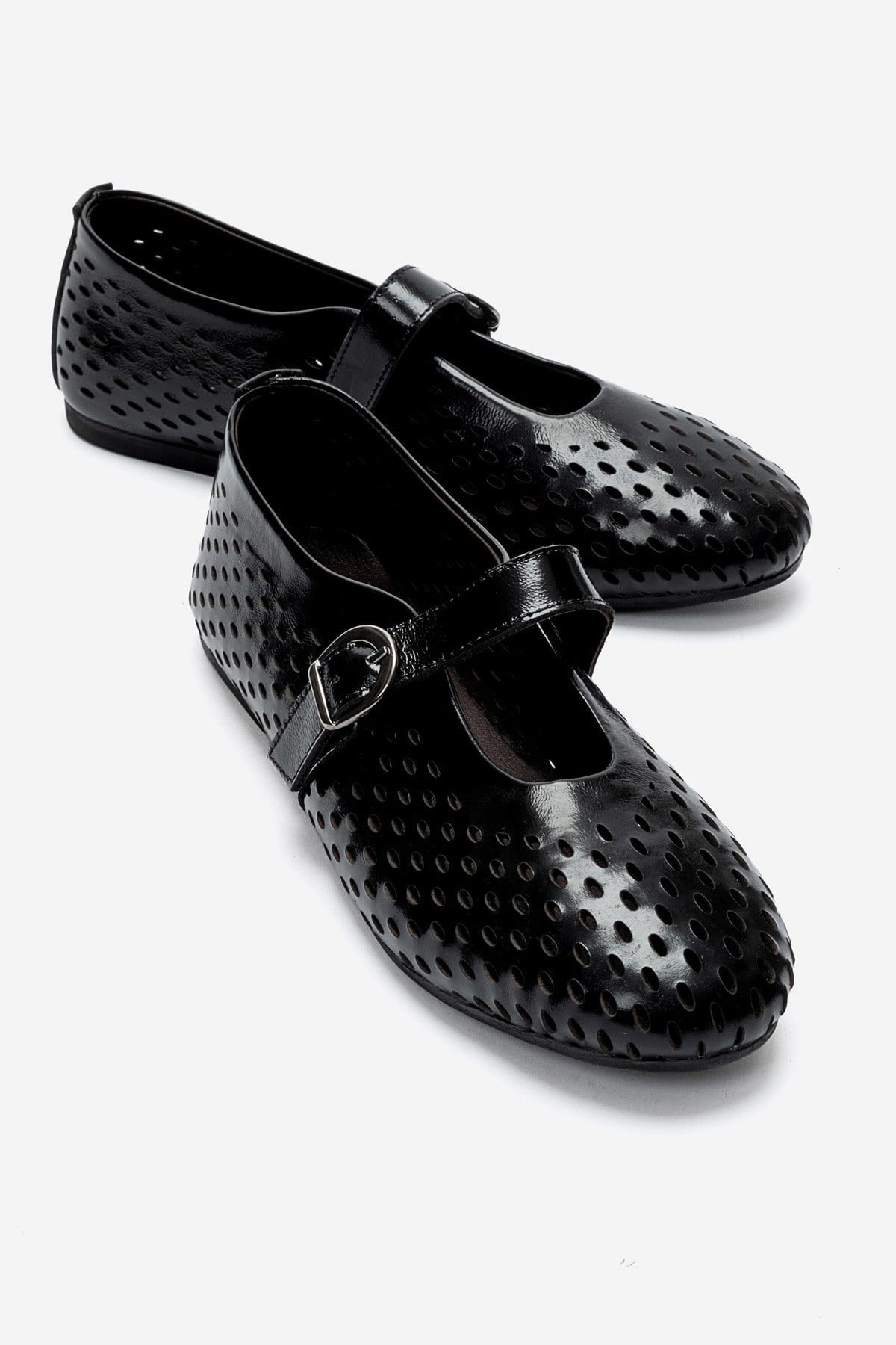 Arian - Black Genuine Leather Perforated Ballerina Flat (Women)
