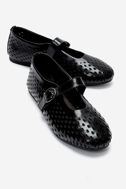 Arian - Black Genuine Leather Perforated Ballerina Flat (Women)