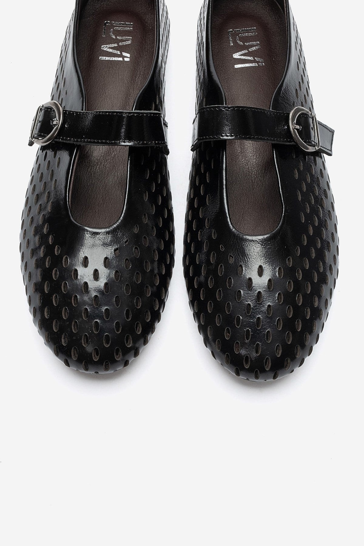 Arian - Black Genuine Leather Perforated Ballerina Flat (Women)