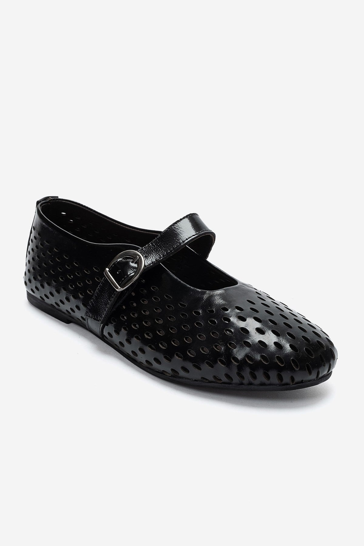 Arian - Black Genuine Leather Perforated Ballerina Flat (Women)