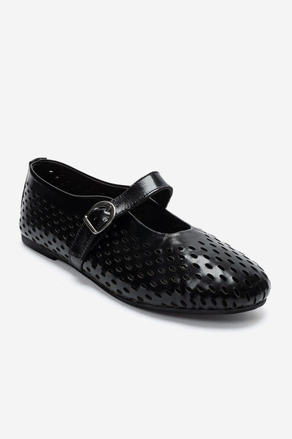 Arian - Black Genuine Leather Perforated Ballerina Flat (Women)