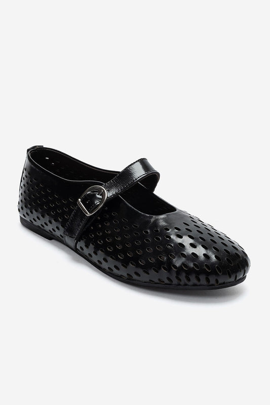 Arian - Black Genuine Leather Perforated Ballerina Flat (Women)