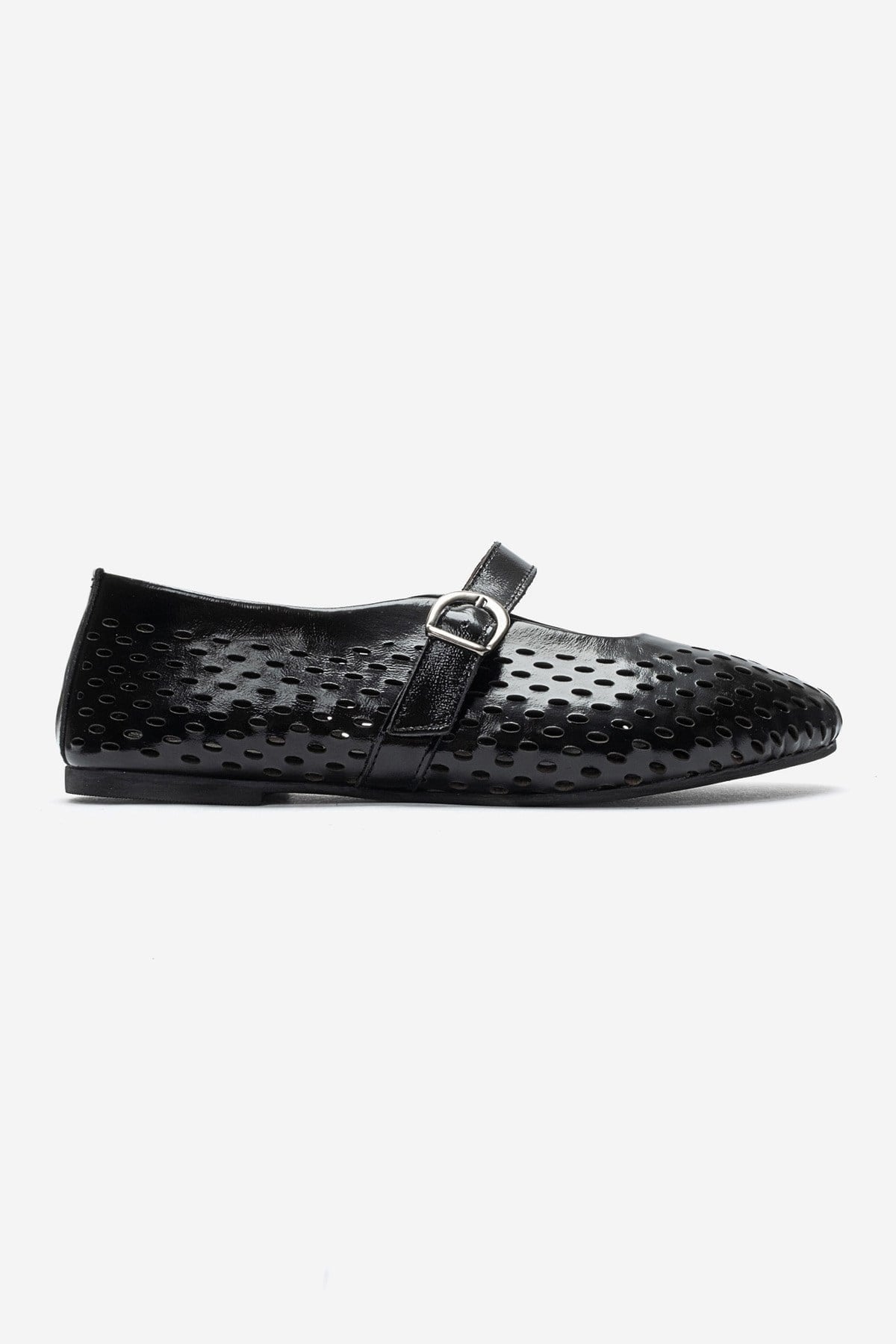 Arian - Black Genuine Leather Perforated Ballerina Flat (Women)
