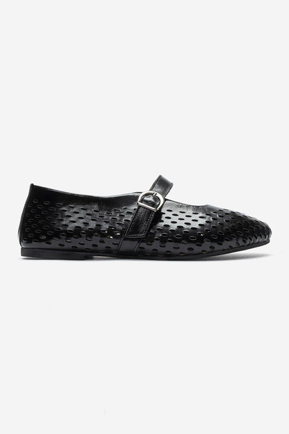 Arian - Black Genuine Leather Perforated Ballerina Flat (Women)