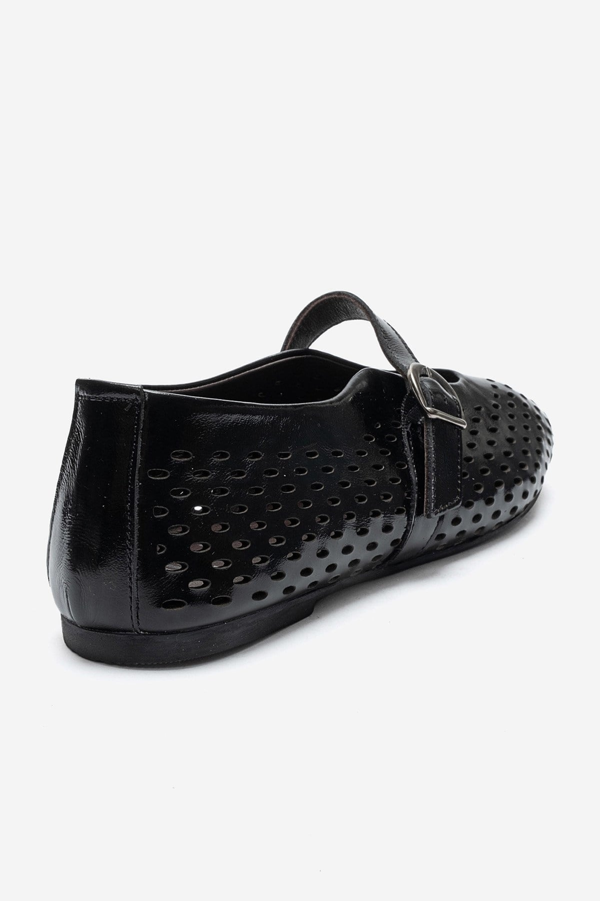 Arian - Black Genuine Leather Perforated Ballerina Flat (Women)