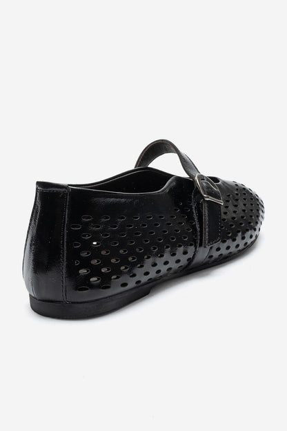 Arian - Black Genuine Leather Perforated Ballerina Flat (Women)