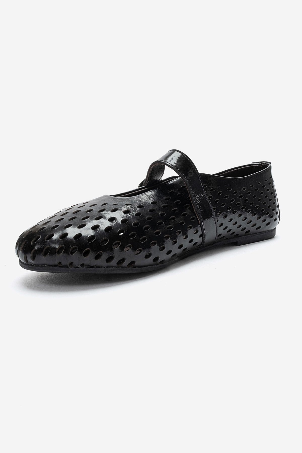 Arian - Black Genuine Leather Perforated Ballerina Flat (Women)