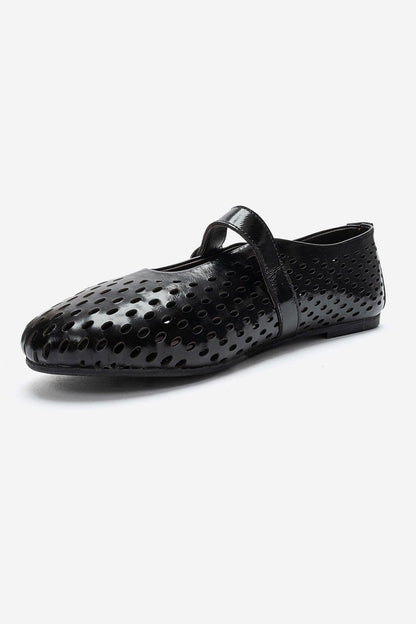 Arian - Black Genuine Leather Perforated Ballerina Flat (Women)