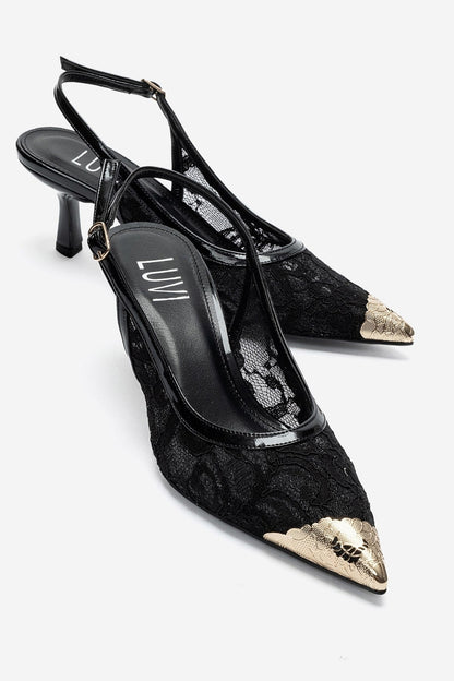 CLEM - Black Lace-Detail Gold Toe Heeled Pump (Women)