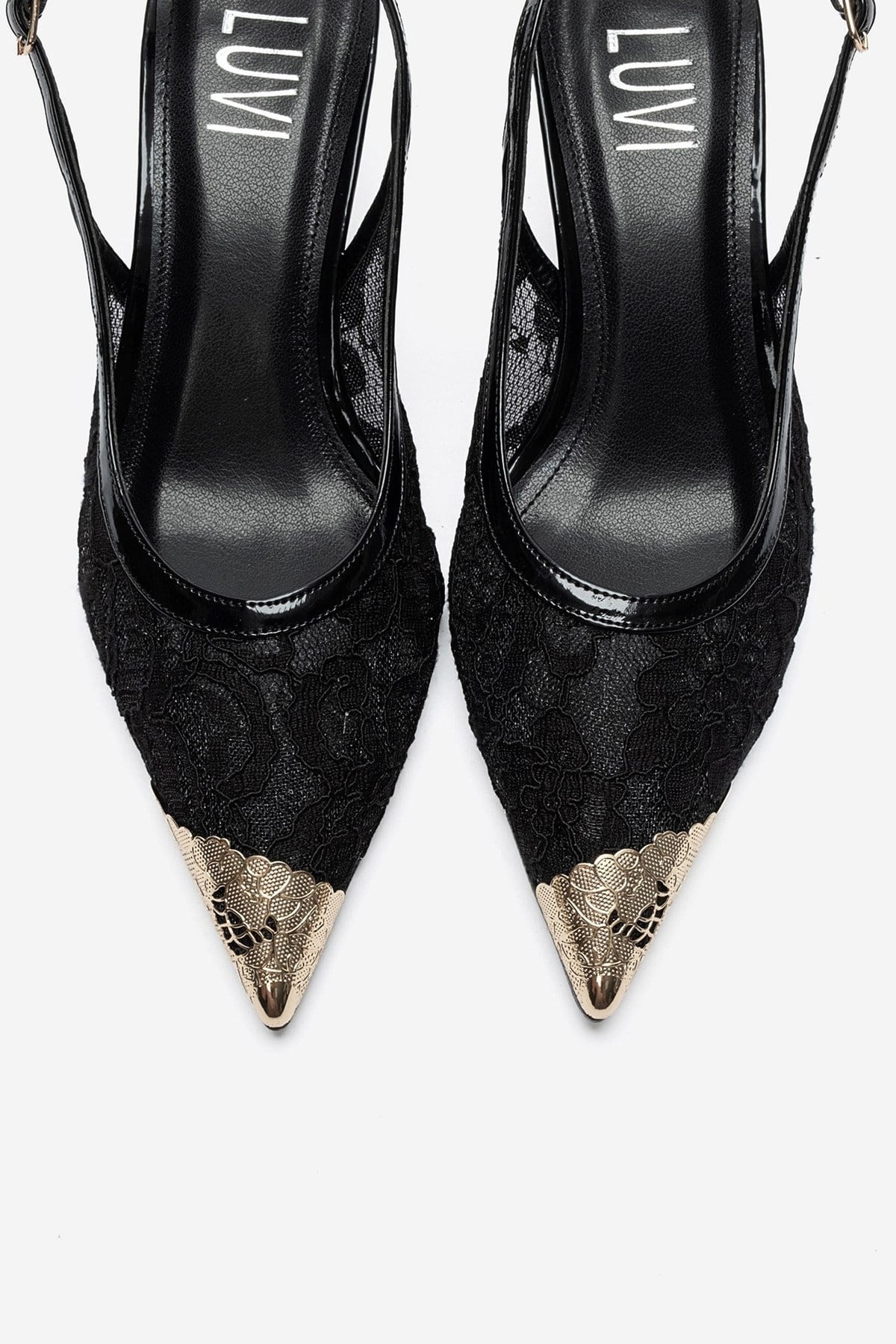 CLEM - Black Lace-Detail Gold Toe Heeled Pump (Women)