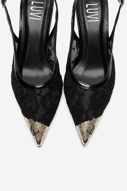 CLEM - Black Lace-Detail Gold Toe Heeled Pump (Women)