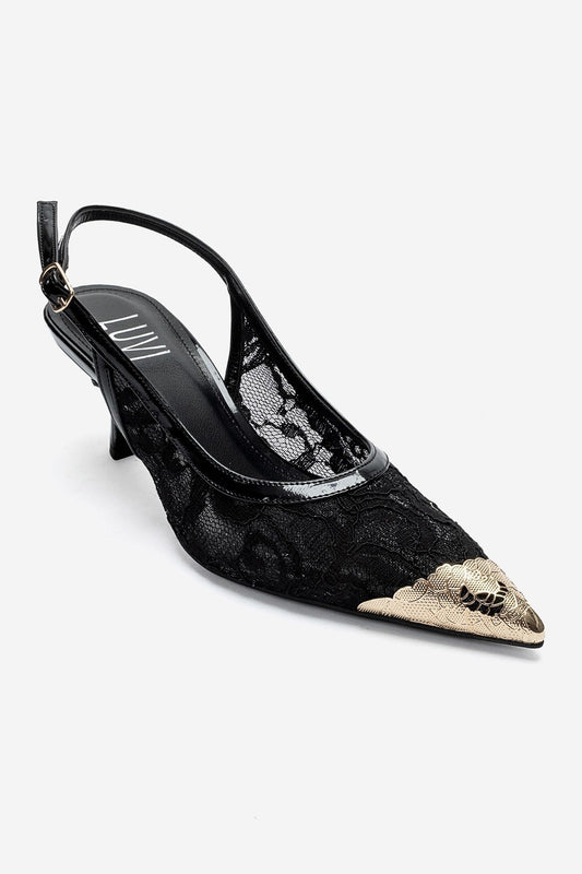 CLEM - Black Lace-Detail Gold Toe Heeled Pump (Women)