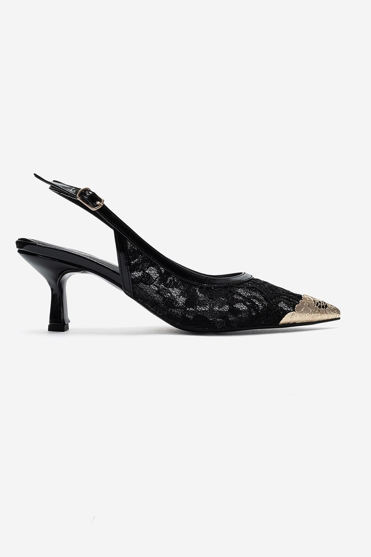 CLEM - Black Lace-Detail Gold Toe Heeled Pump (Women)