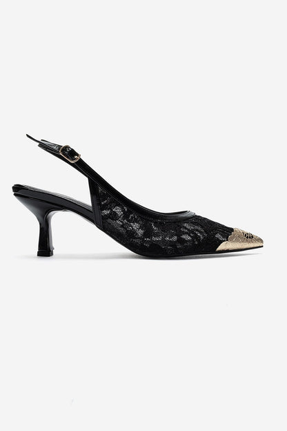 CLEM - Black Lace-Detail Gold Toe Heeled Pump (Women)