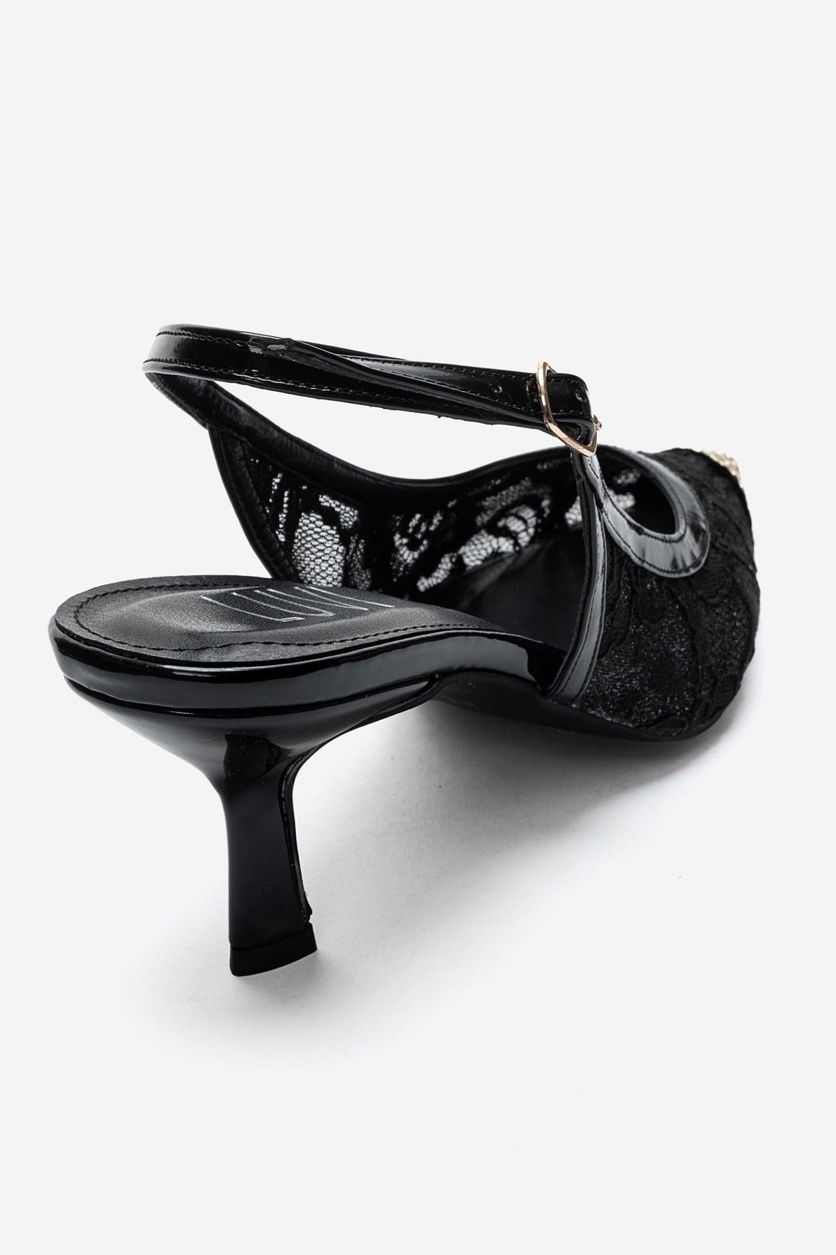 CLEM - Black Lace-Detail Gold Toe Heeled Pump (Women)