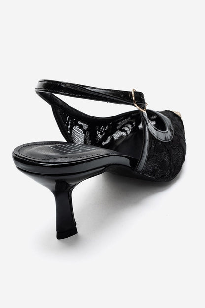 CLEM - Black Lace-Detail Gold Toe Heeled Pump (Women)