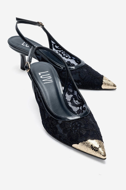 CLEM - Navy Lace-Detail Gold Toe Heeled Pump (Women)