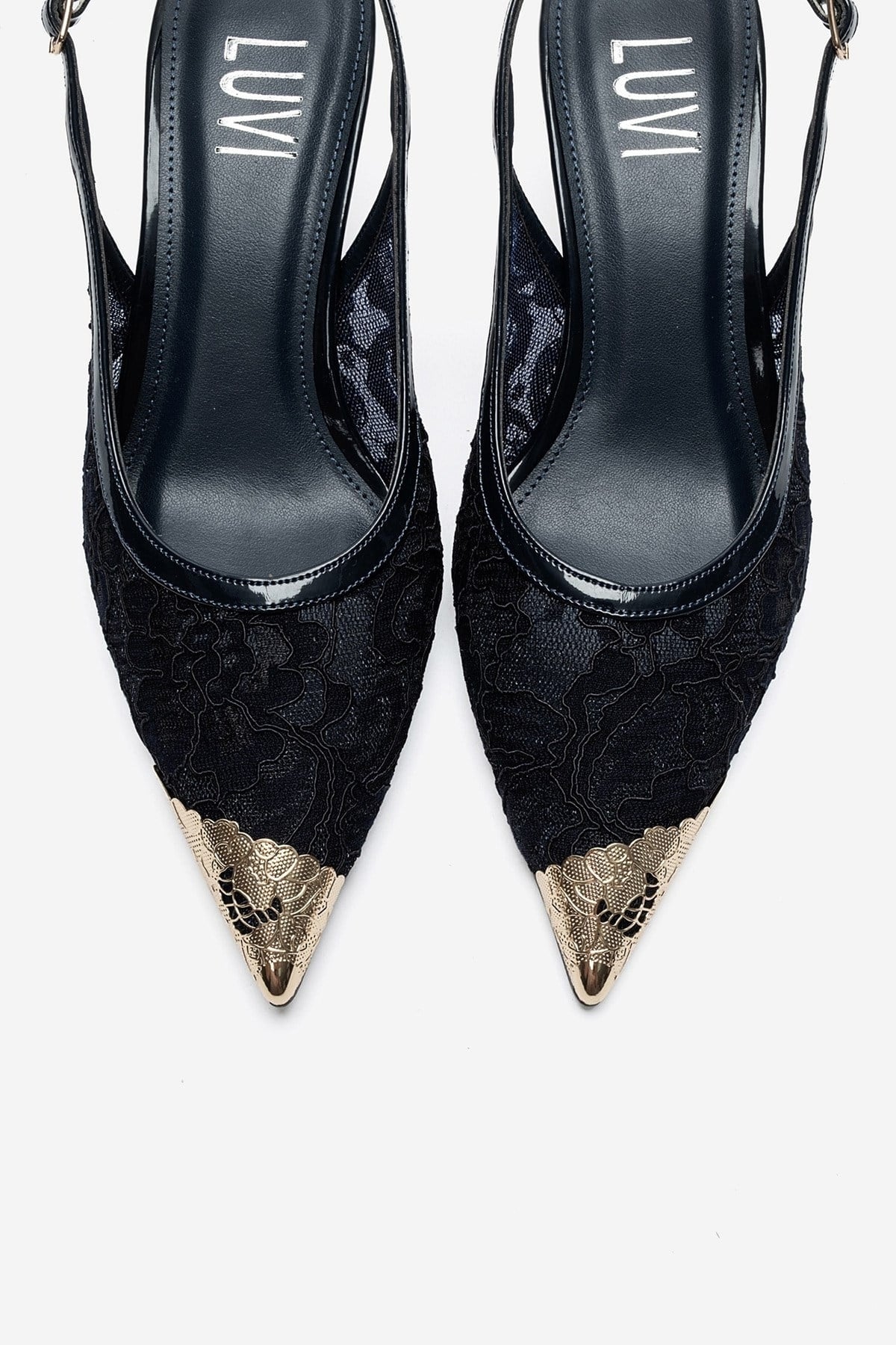 CLEM - Navy Lace-Detail Gold Toe Heeled Pump (Women)